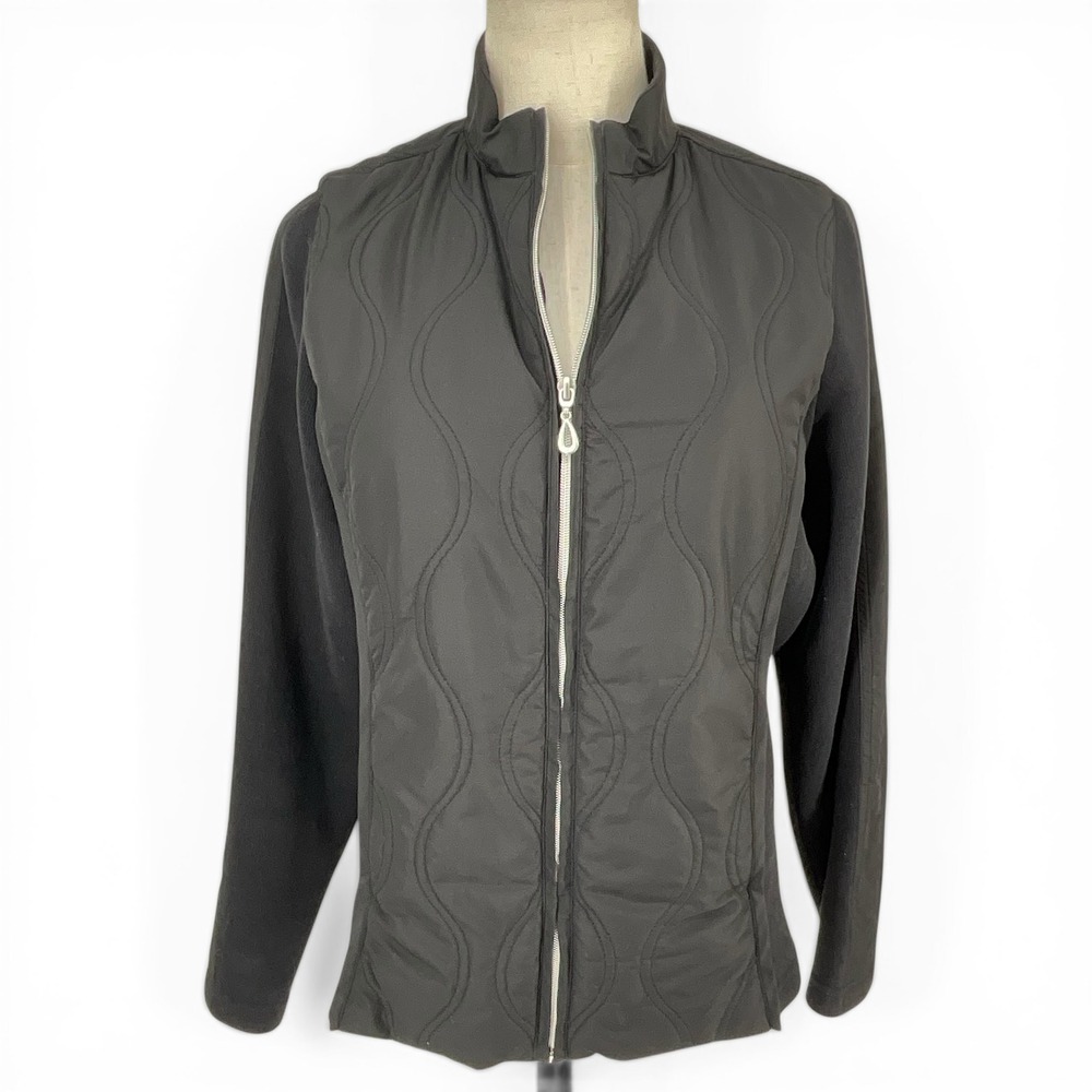 Monterey Club Womens Black Quilted Hybrid Full Zip Jacket Mock Neck Small